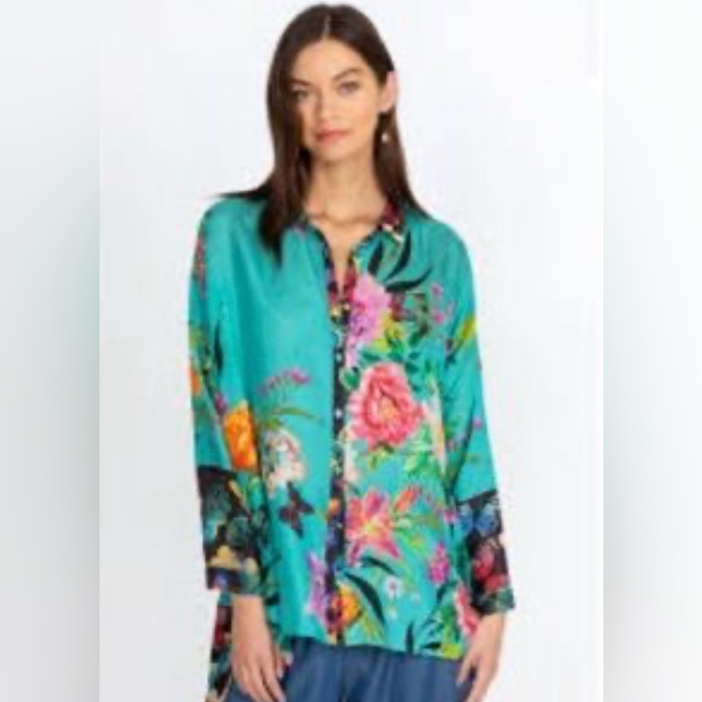 Johnny Was Panya Karis Floral Silk Long Sleeve Turquoise/Black Tunic Size S NWT